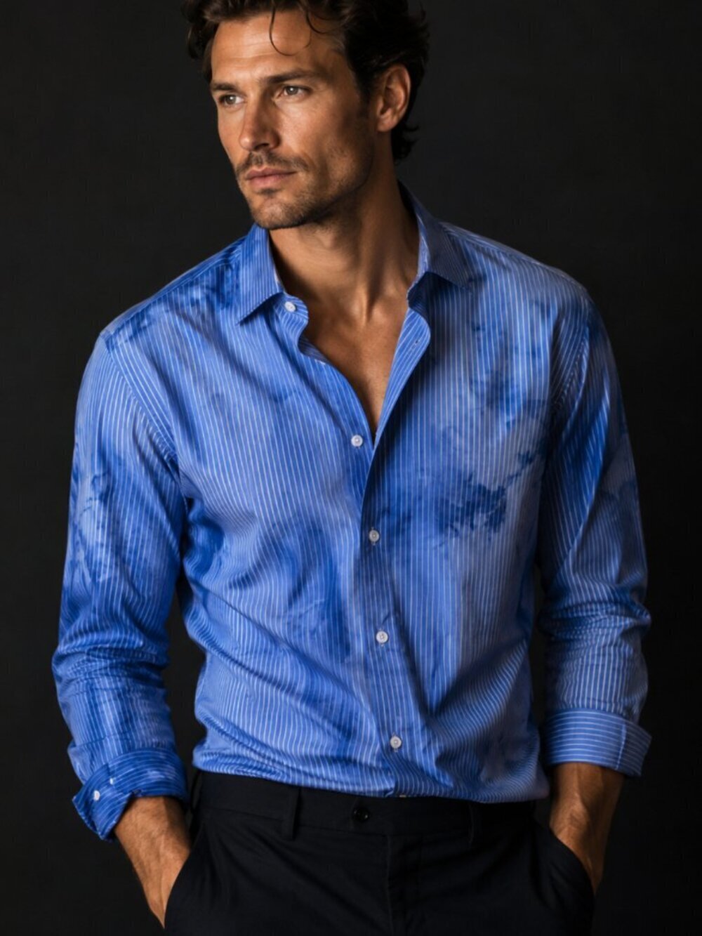 Yves Saint Laurent Mens Cotton Button Down Shirt Oxford Tie Dye Size 40 Blue